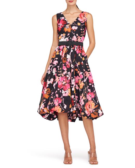 Kay Unger Red Viola Floral Belted Sleeveless High-low Dress