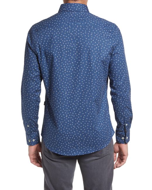 Stone Rose Blue Bird Print Trim Fit Stretch Cotton Button-up Shirt for men