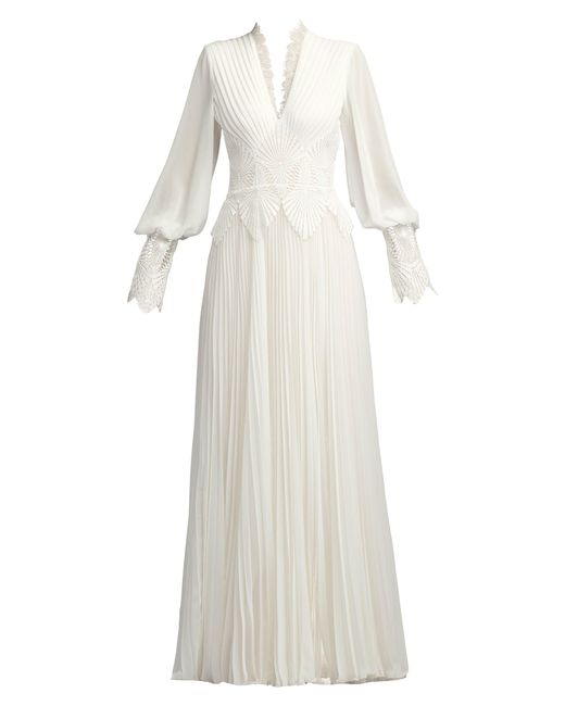 Tadashi Shoji White Lace Embroidered Long Sleeve Chiffon Gown