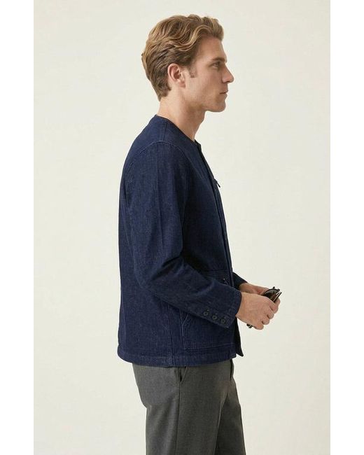 Modenaire Blue Collarless Button Front Utility Pocket Jacket