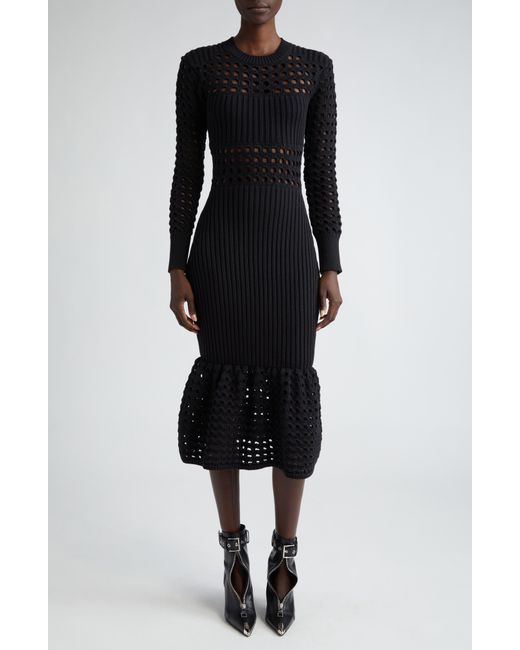Alexander McQueen Black Long Sleeve 3d Mesh Midi Sweater Dress