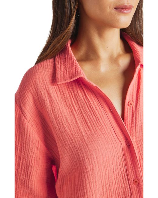 Splendid Red Adele Oversize Cotton Gauze Button-up Shirt