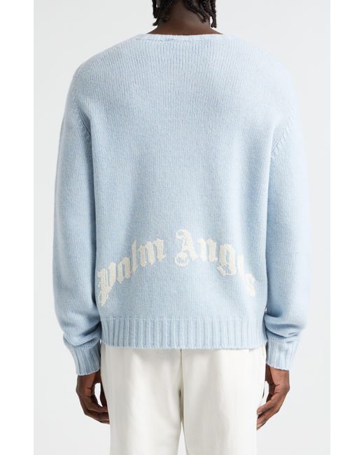 Palm Angels Blue Embroidered Curved Logo Wool Blend Sweater for men