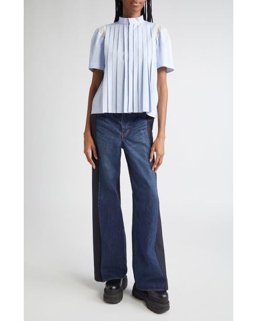 Sacai Blue Pinstripe Pintuck Poplin Short Sleeve Button-Up Shirt