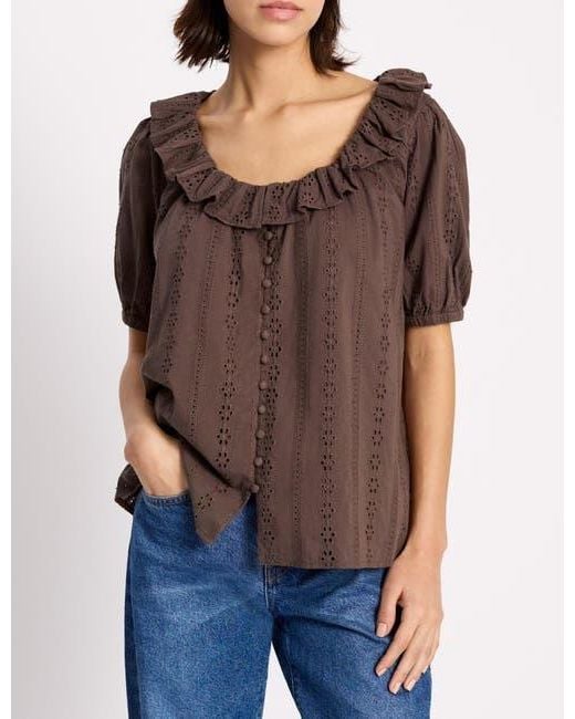 Albaray Brown Ruffle Neck Button-Front Blouse