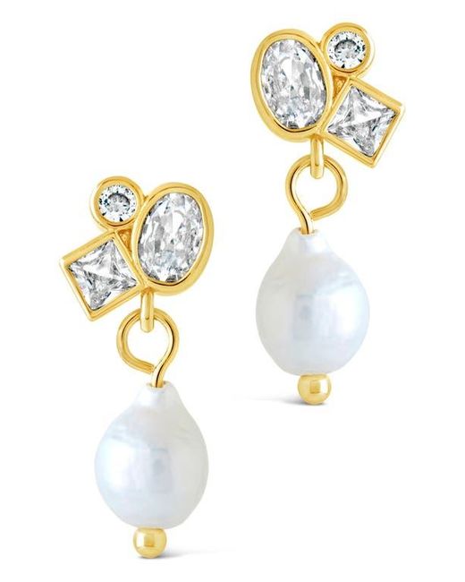 Sterling Forever White Penny Cubic Zirconia Cluster & Freshwater Pearl Drop Earrings