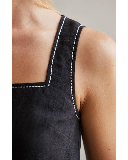 Crescent Black Embroidered Contrast Stitch Square Neck Linen Top