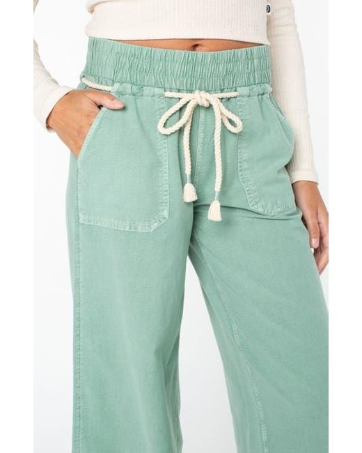 Roxy Green Paddle On Drawstring Cotton & Linen Pants