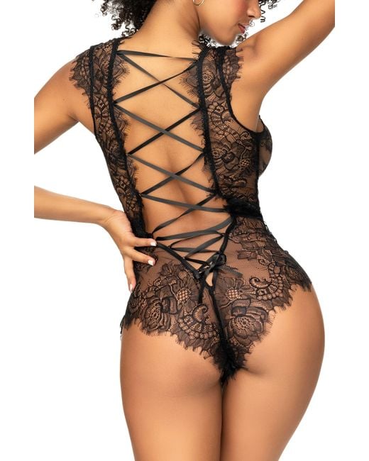 MAPALE Brown Sheer Crotchless Lace Romper