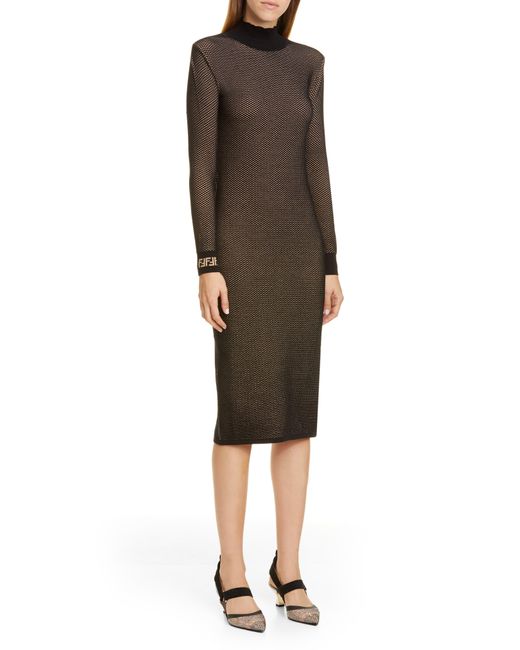 Fendi Black Long Sleeve Mesh Midi Sweater Dress