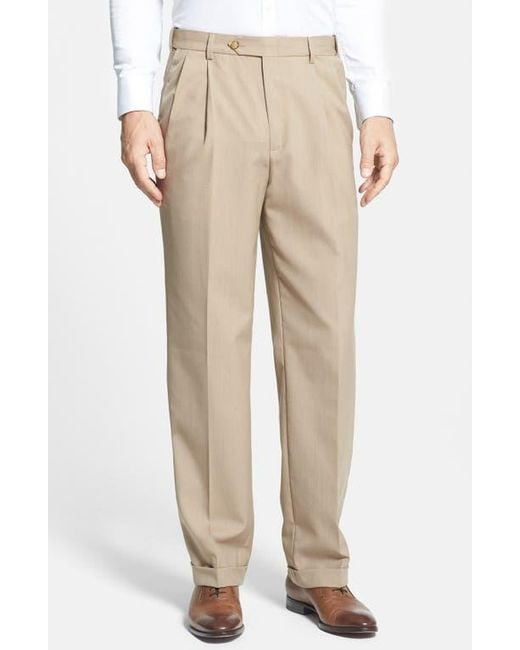 Berle Natural Self Sizer Waist Plain Weave Pleated Washable Trousers for men