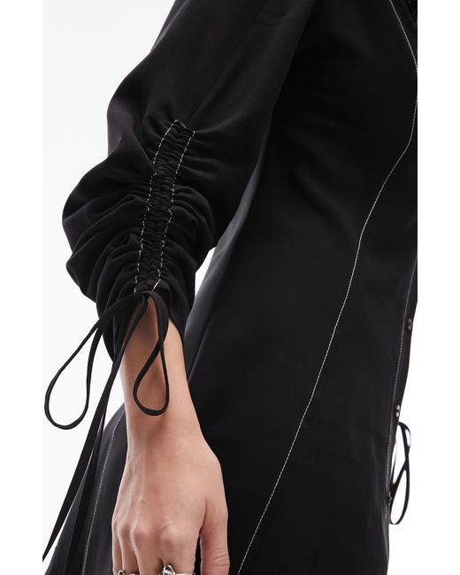 TOPSHOP Black Ruched Sleeve Minidress