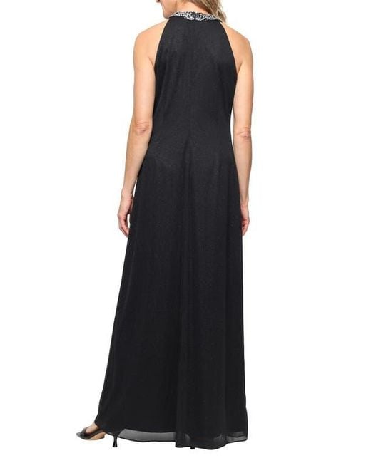 Sl Fashions Black Embellished Halter Neck Sleeveless Glitter Gown