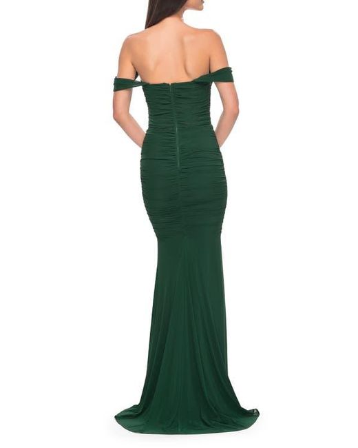 La Femme Green Off The Shoulder Net Jersey Dress With Ruching