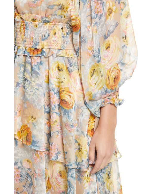 Elliatt Natural Astrid Floral Print Long Sleeve Asymmetric Chiffon Dress
