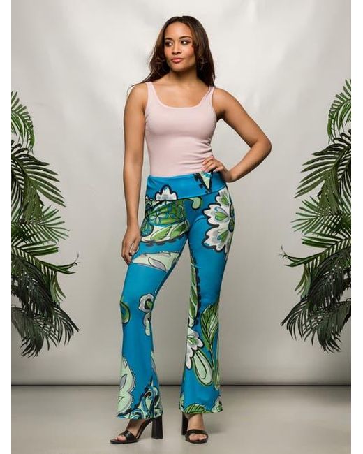 24seven Comfort Apparel Blue Paisley Print Bell Bottom Foldover Waist Pants