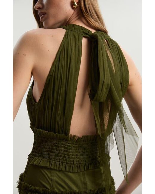 Karen Millen Women's Green Tulle Layered Halter Neck Maxi Dress