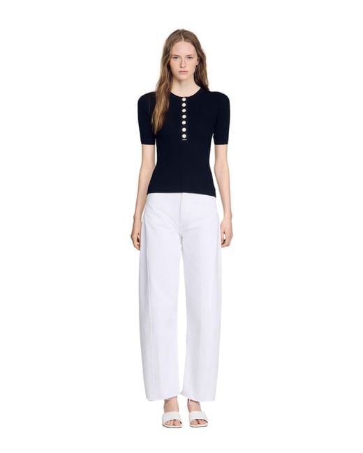 Sandro Blue Sweater With Ribbed Button Placket