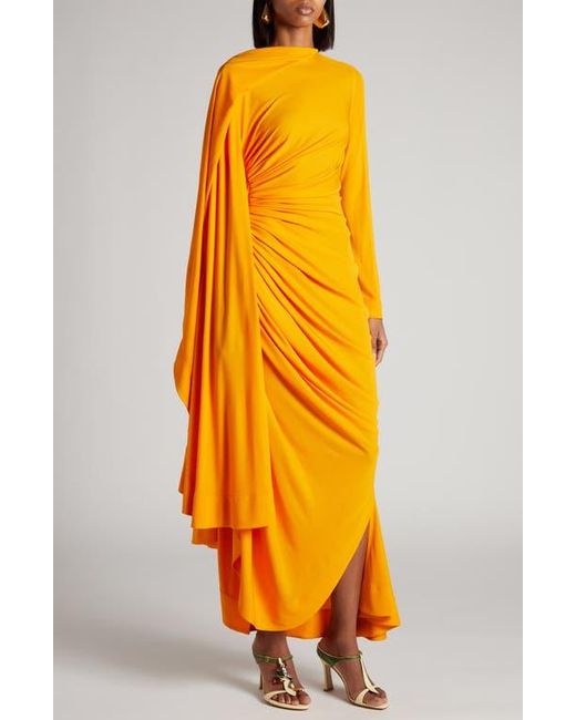bottega orange dress Bottega Veneta Asymmetric Draped Jersey Midi Dress