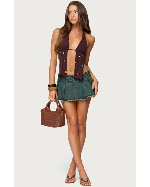 Edikted Green Beaded Distressed Split Front Halter Top