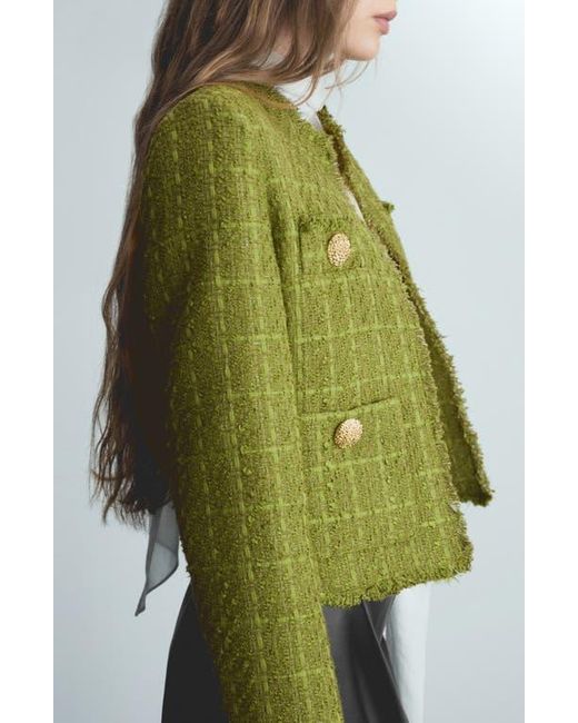 Mango Green Textured Button Tweed Jacket