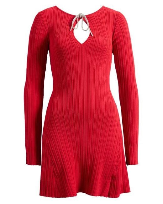 Wayf Red Talk Embellished Bow Long Sleeve Minidress