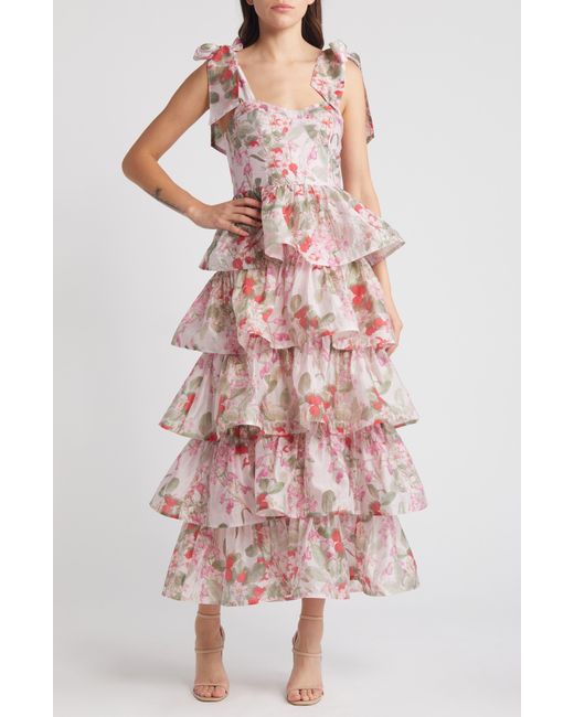 & Other Stories Pink & Floral Tie Strap Tiered Midi Dress