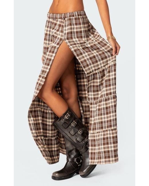 Edikted Brown Plaid Tiered Side Slit Maxi Skirt
