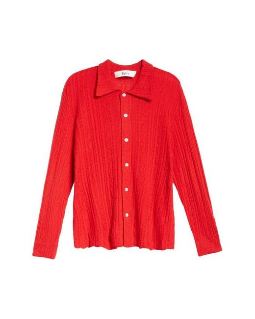 Séfr Riku Merino Wool Cable Knit Button-Up Shirt in Red for Men | Lyst