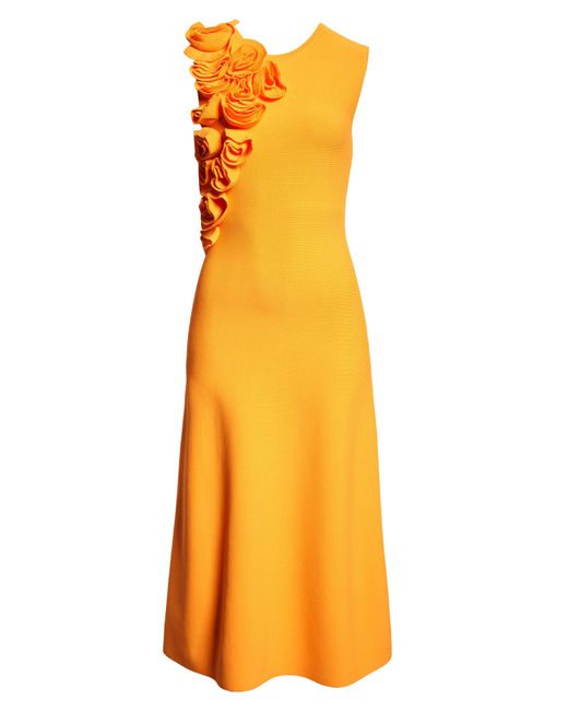 Lela Rose Orange Floral Ruffle Sleeveless Knit Midi Dress