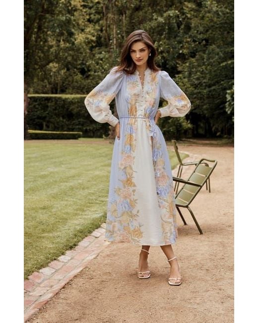 placed floral long sleeve midi dress ever new Purple Midi Dress - Sheridan Placement Print - Size 0 to 12