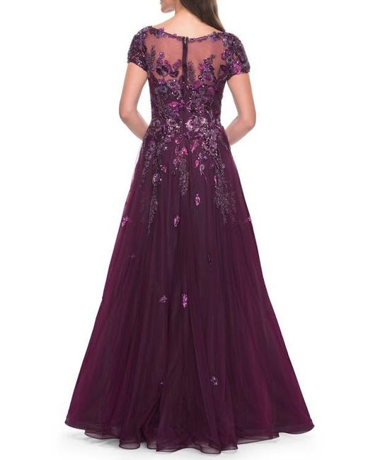 La Femme Purple A-Line Gown With Unique Sequin Floral Applique