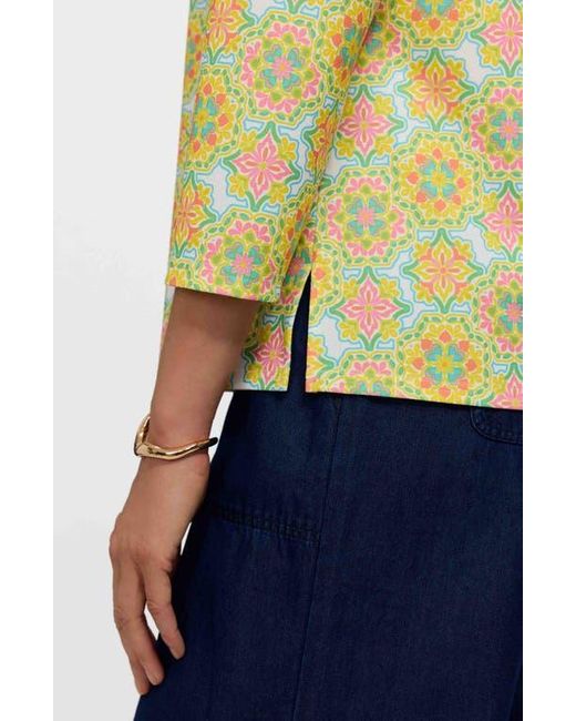 Foxcroft Yellow Tammy Tile Print Ruffle Collar Top