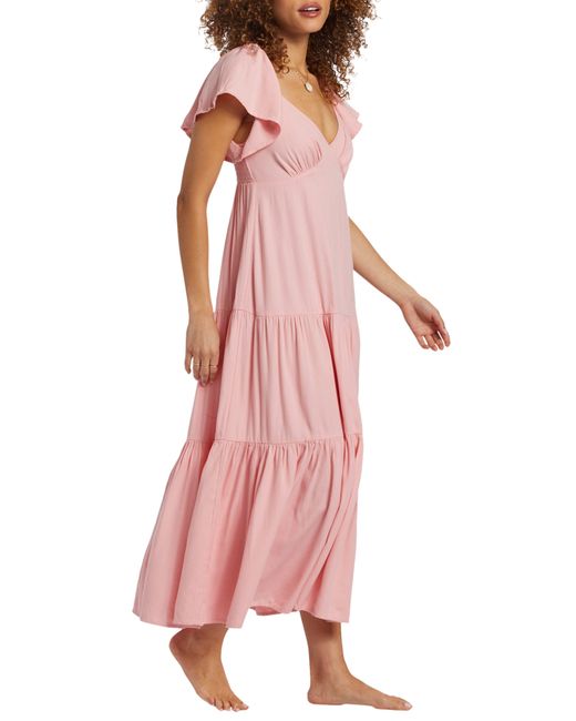 Billabong Pink Last Light Flutter Sleeve Midi Dress