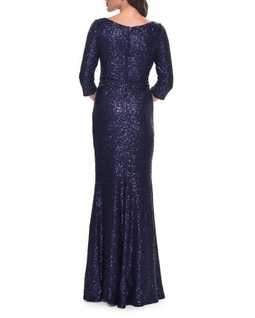 La Femme Blue Long Sequin Gown With Ruching And Draped Skirt