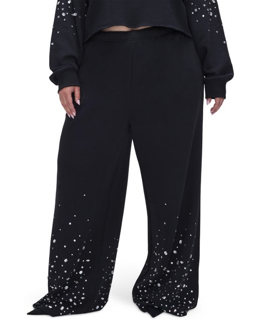 GOOD AMERICAN Crystal Embellished Fleece Wide Leg Sweatpants in Black
