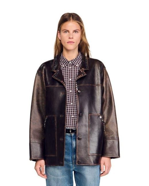 Sandro Purple Oversized Leather Jacket With Studs