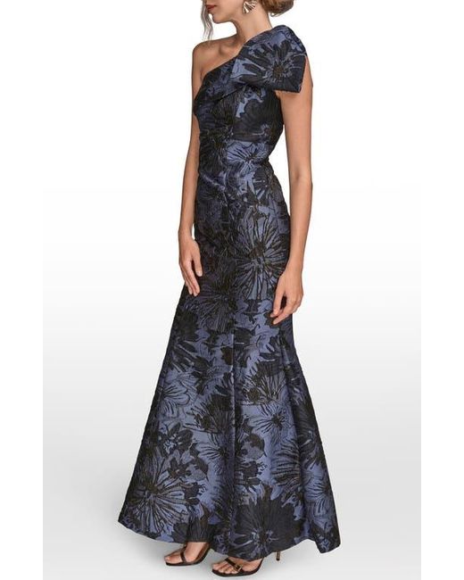 Donna Karan Blue Metallic One-Shoulder Jacquard Mermaid Gown