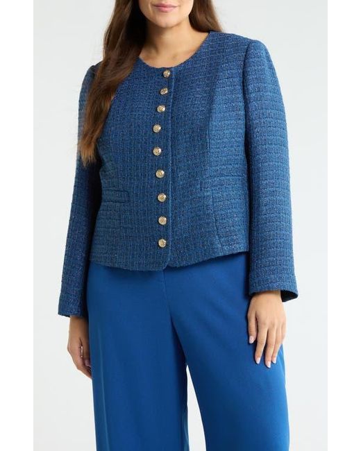 Tahari Blue Collarless Bouclé Jacket