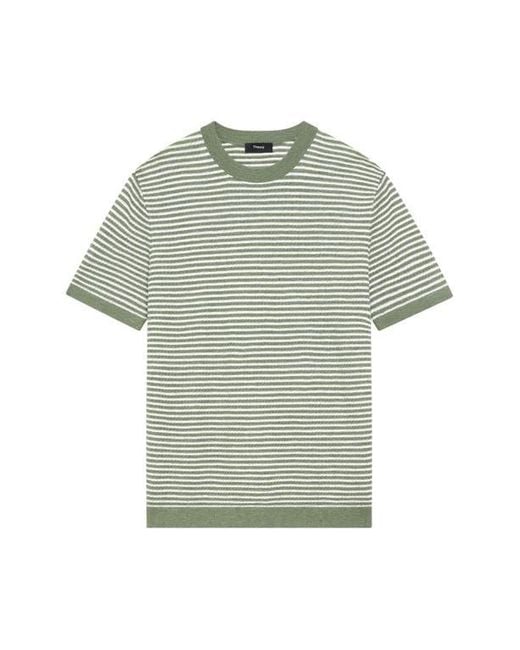 Theory Green Stripe Short Sleeve Linen & Cotton Blend Crewneck Sweater for men