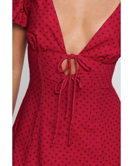 Princess Polly Red Beloved Polka Dot Puff Sleeve Linen Blend Minidress