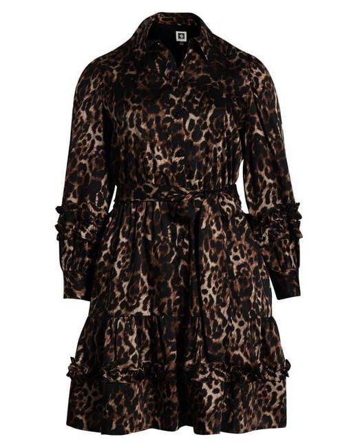 Anne Klein Brown Leopard Tie Waist Long Sleeve Shirtdress