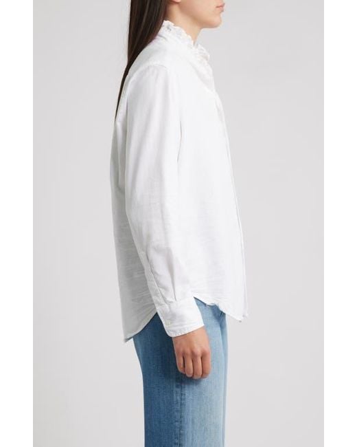 Frank & Eileen White Ruffle Collar Relaxed Fit Cotton Button-Up Shirt