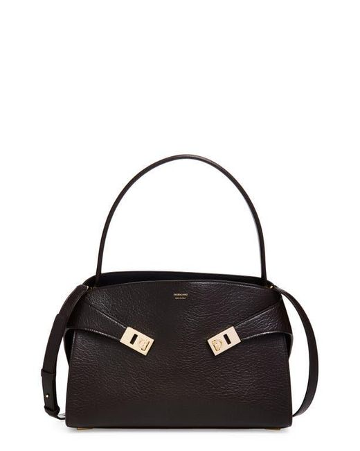 Ferragamo Black Small Hug Grained Leather Top Handle Bag