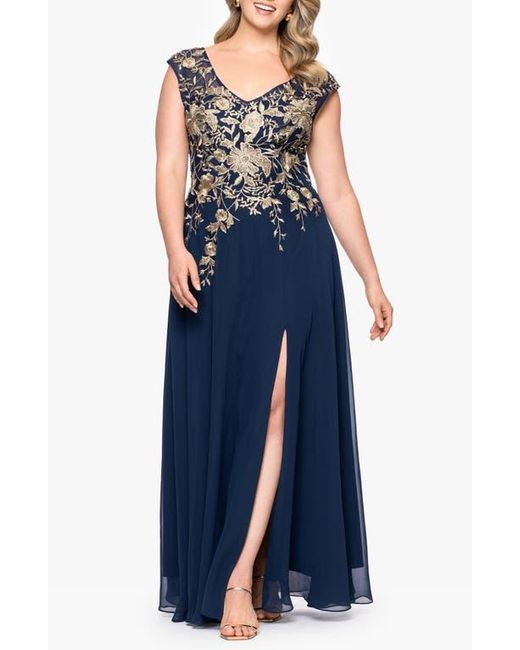 Betsy & Adam Blue Metallic Embroidery Chiffon Gown