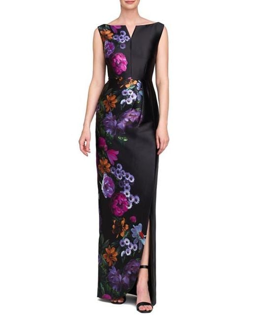 Kay Unger Blue Helene Placed Floral Print Column Gown