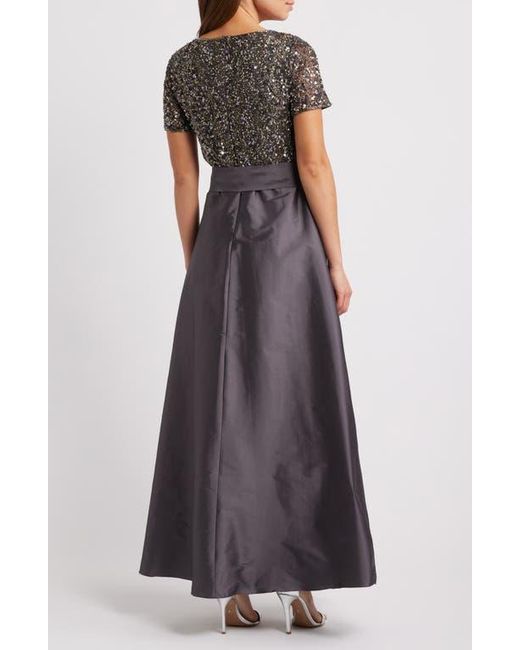 Pisarro Nights Gray Beaded Bodice Mixed Media Gown
