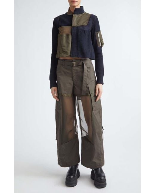 Sacai Black Patchwork Mixed Media Crop Jacket
