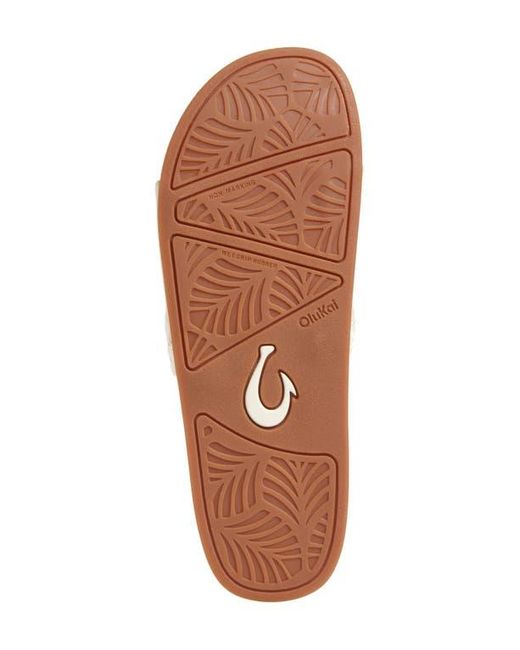 Olukai White Pākea Leather Slide Sandal