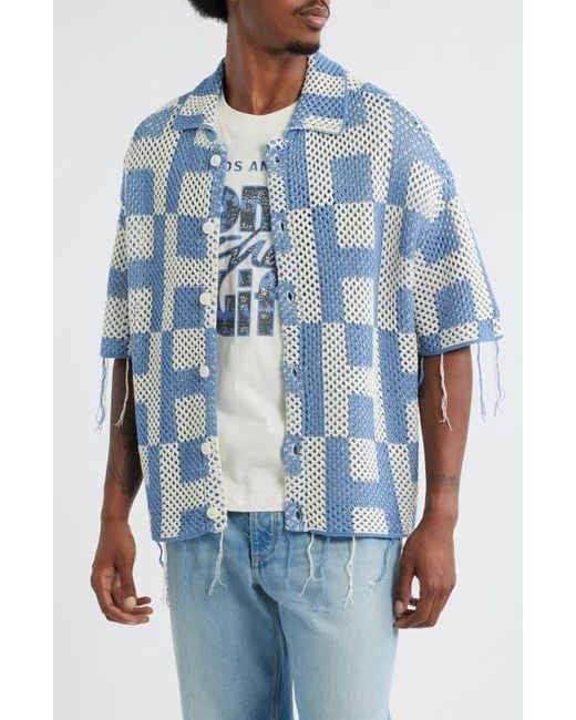 Honor The Gift Blue Fringe Open Stitch Button-Up Shirt for men
